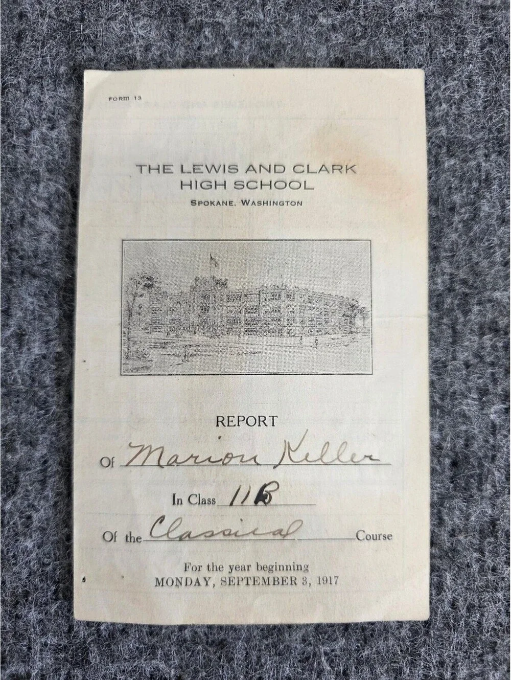 1917 Lewis and Clark High School Spokane WA Student Report Card